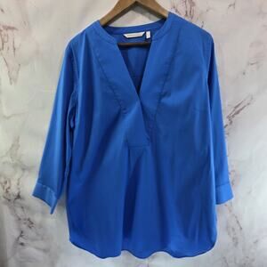 Soft Surroundings Shirt Womens Large Cobalt Royal Blue Tunic Poplin V Neck